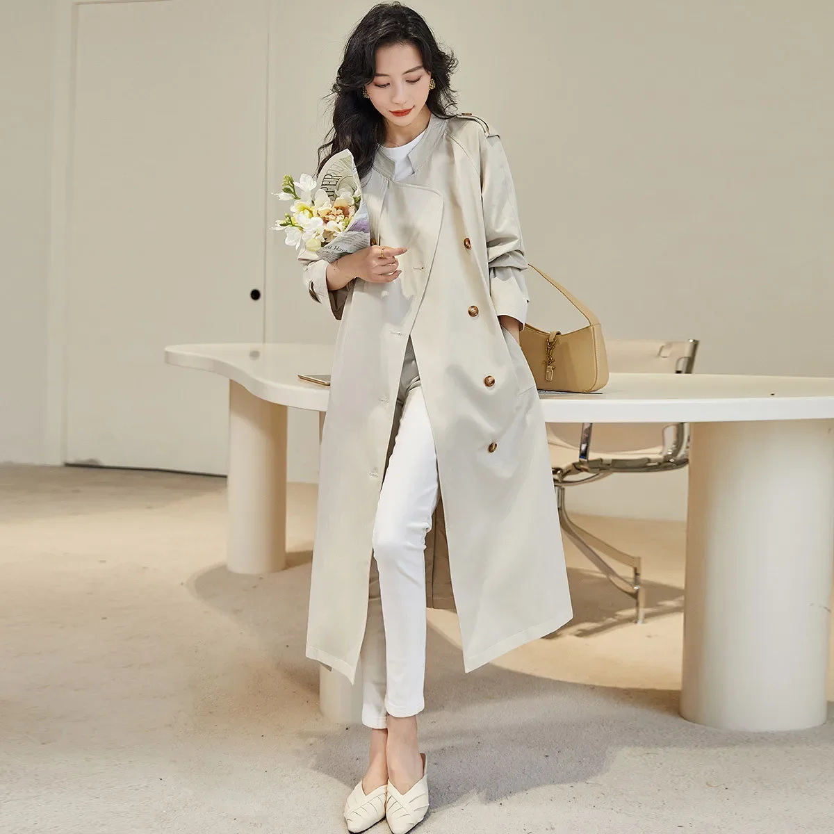 LOUIS YAO British Style Long Trench Coat 2026 Casual Stand Up Collar Raglan Sleeves Long Tie Loose Spring Autumn Women's Coat