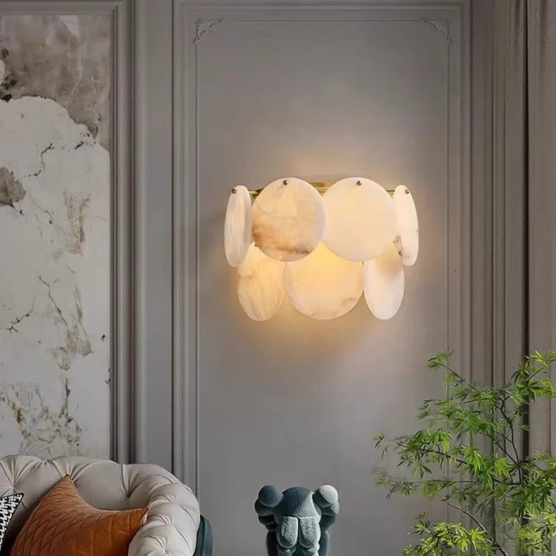 All Copper Natural Marble Wall Sconce Lamps Luxury Background Light Fixture Alabaster Bedside Decoration Wall Light Round