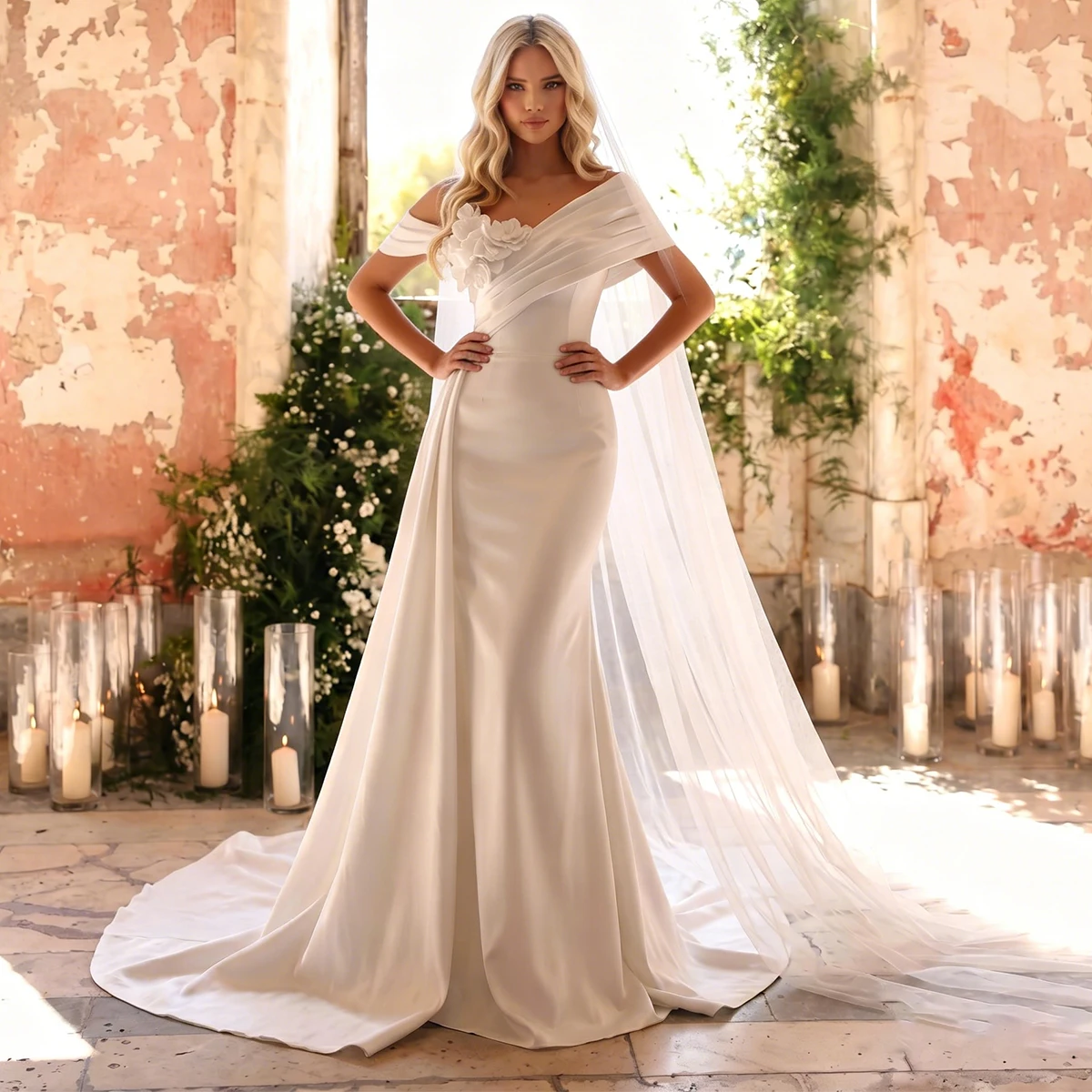 

Elegant Satin Flower Wedding Dress With Train Long Mermaid Bridal Gown For Women Vestidos Novia