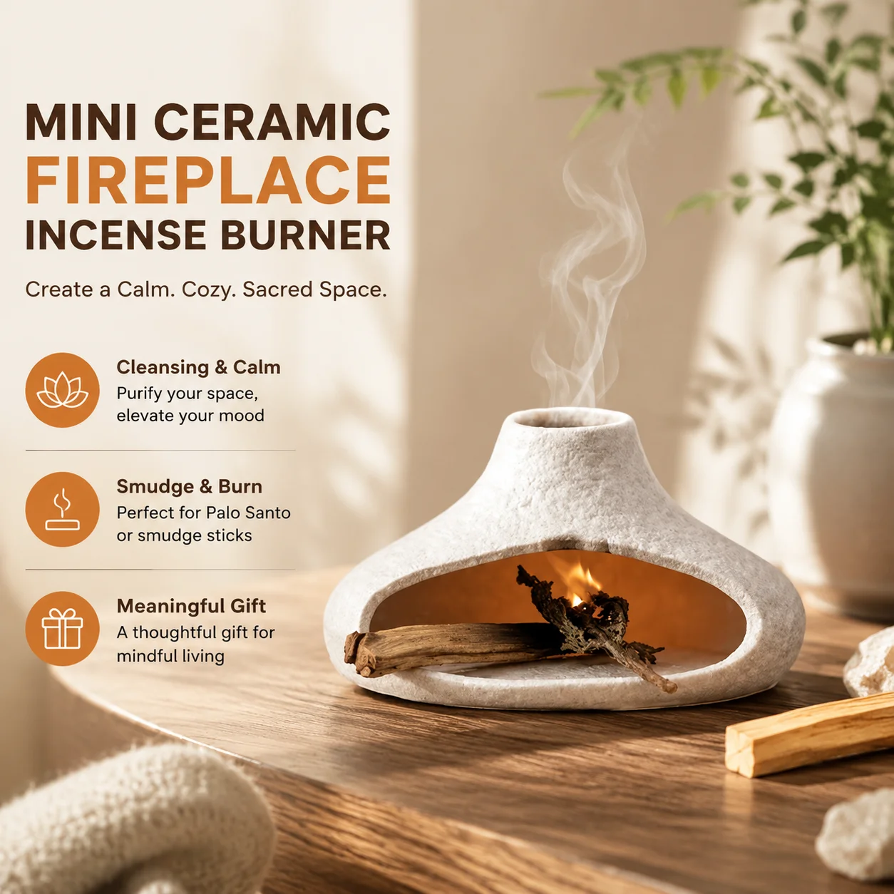 Mini Ceramic Fireplace Incense Burner with Chimney, Smudge Stick Holder, Palo Santo Ashtray for Home Decor, Meditation Gift for