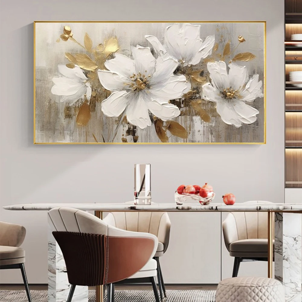 

Modern Abstract 3D White Flower Golden Painting Hand Painted Canvas Wall Art Painting for Living Room Office Decor Wall Picture