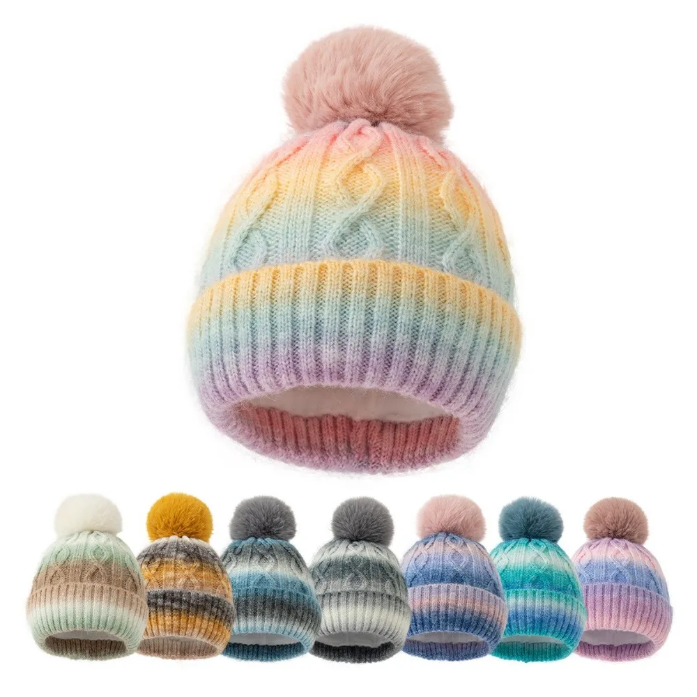 High Quality Thickened Beanie Hat with Faux Fur Pompon Ball Gradient Striped Pattern Knitted Hat Keep Warm Ski Cap