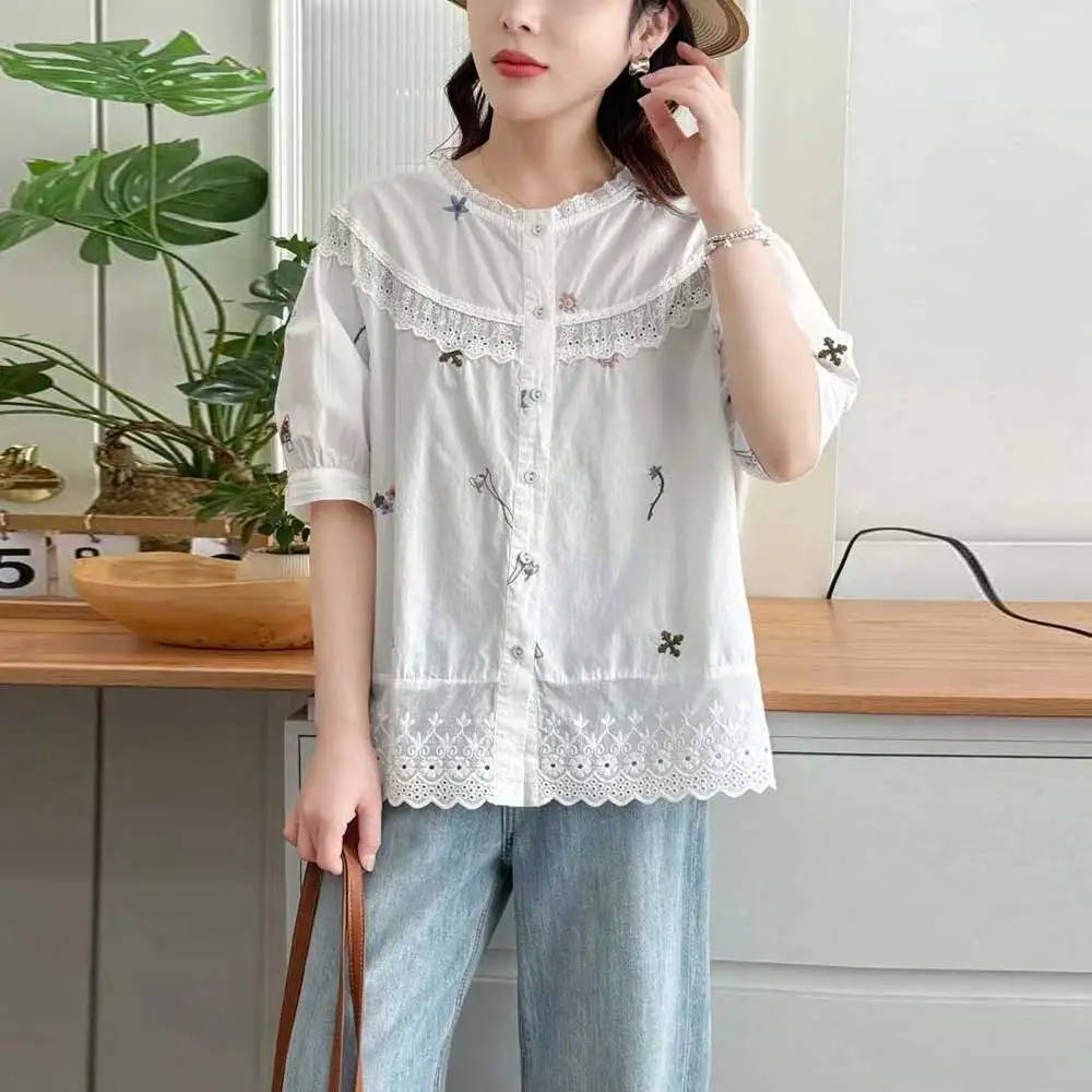 

Japanese Sweet Mori Girl Floral Embroidery Hollow Out Shirts Women Summer New Stand Collr Short Sleeve Casual Loose Blouse Tops