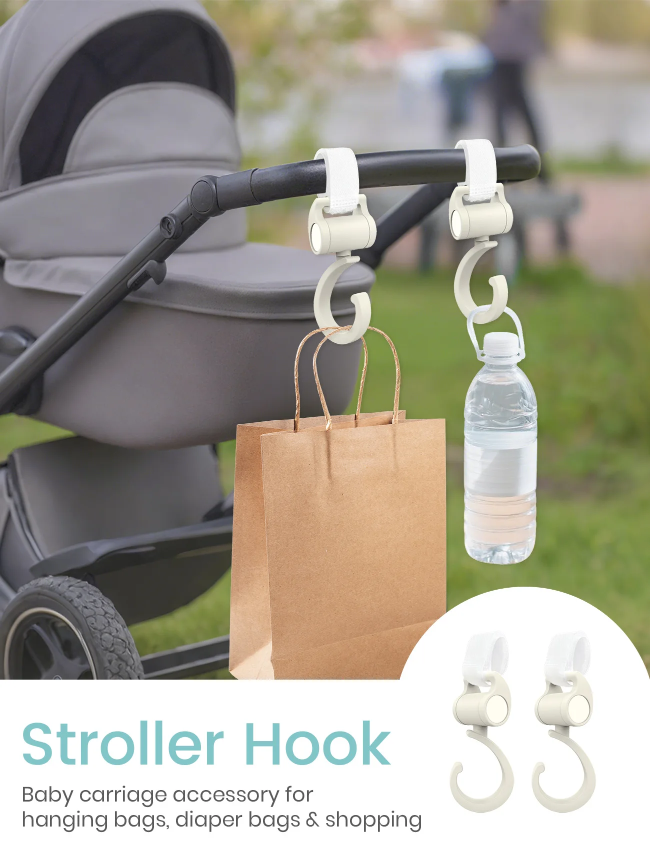 

Multipurpose Stroller Hooks 360° Rotation Hanging Clips for Diaper Bags & Groceries, Fits Strollers, Wheelchairs & Shopping Cart
