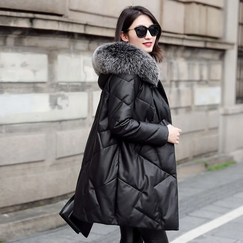 

New Women's Down Jacket Fox Fur Collar Fur Coat Autumn Winter Thick Warm Leather Coat Female Long Hooded Parker Overcoat Black