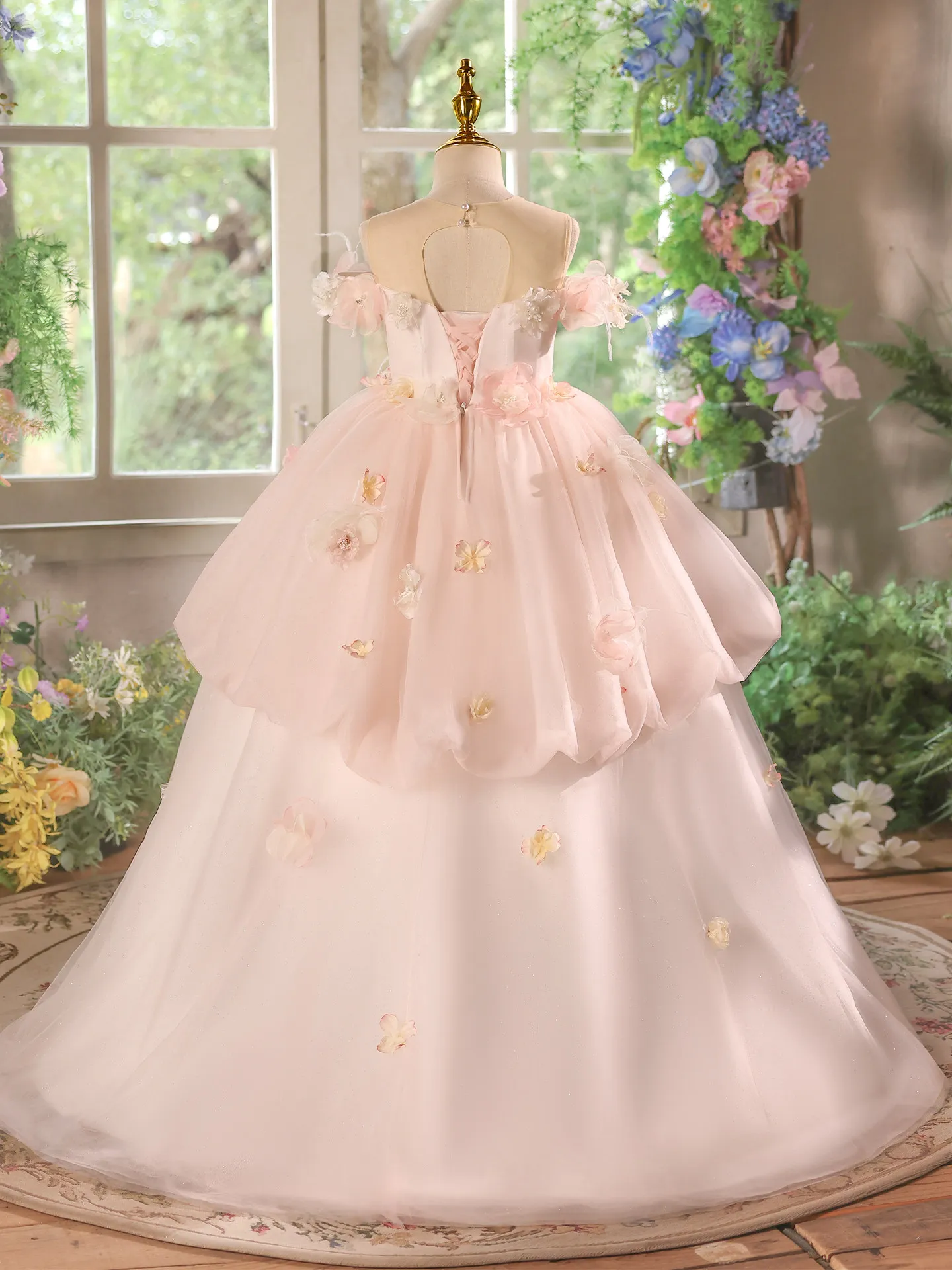

Custom Flower Girl Dress For Wedding Birthday Pageant Party Kids Girls Off Shoulder 3D Flower Tulle Ball Gown Formal Dress