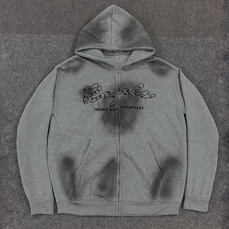 

2025 European and American new black hoodie zipper men's and women's washed, tied, dyed jacket Y2K punk fashion casual