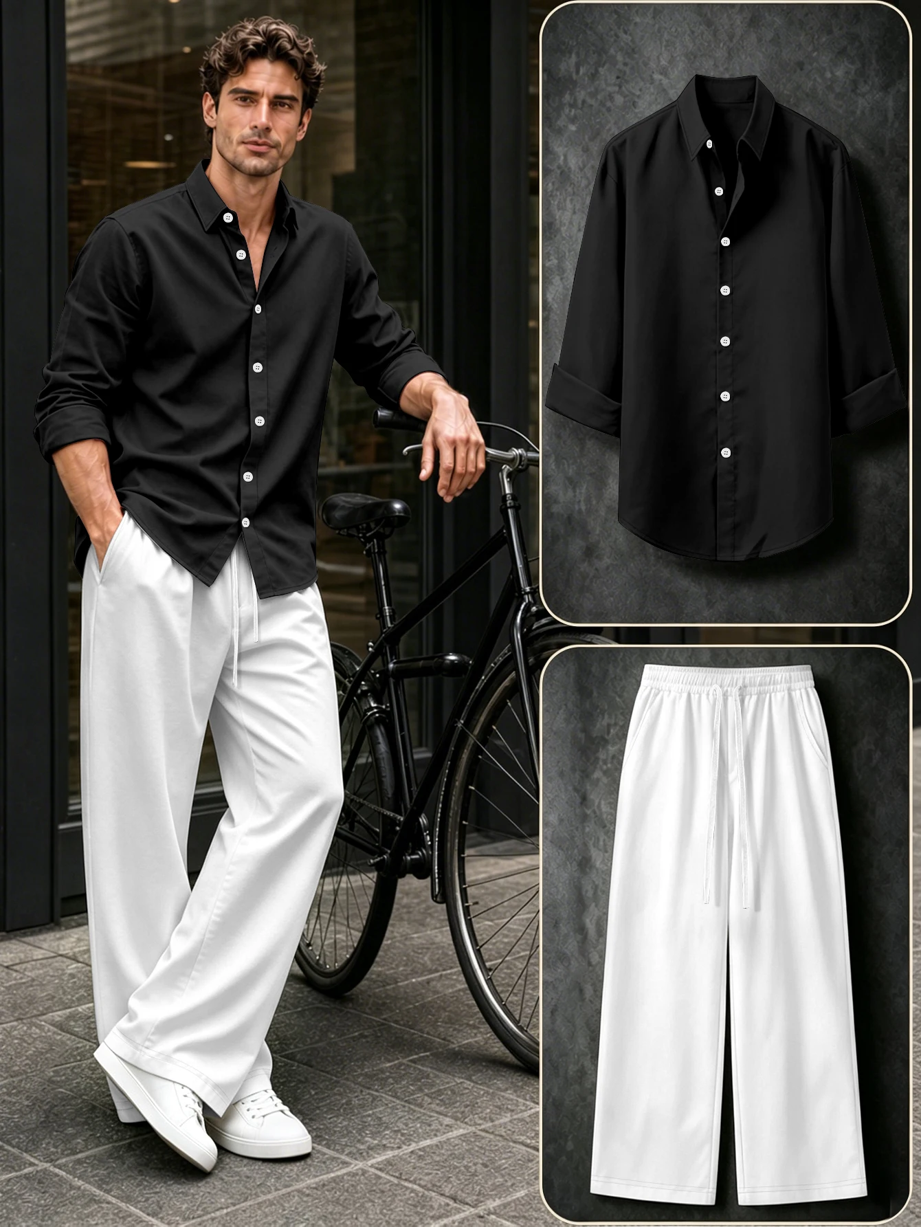 men long sleeve shirt and wide leg pants suit set casual loose solid two piece outfit for men
