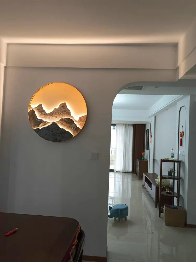 New Chinese style landscape painting wall decoration, lychee grain leather mural, light luxury rock slab mural with LED lamp