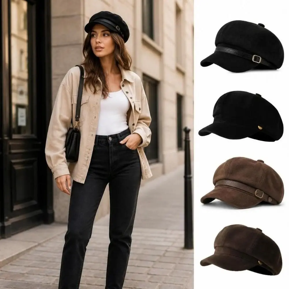 Octagonal Newsboy Cap British Style Leather Belt Decor Octagonal Beret Hat Short Brim Adjustable Strap Baker Boy Cap For Women