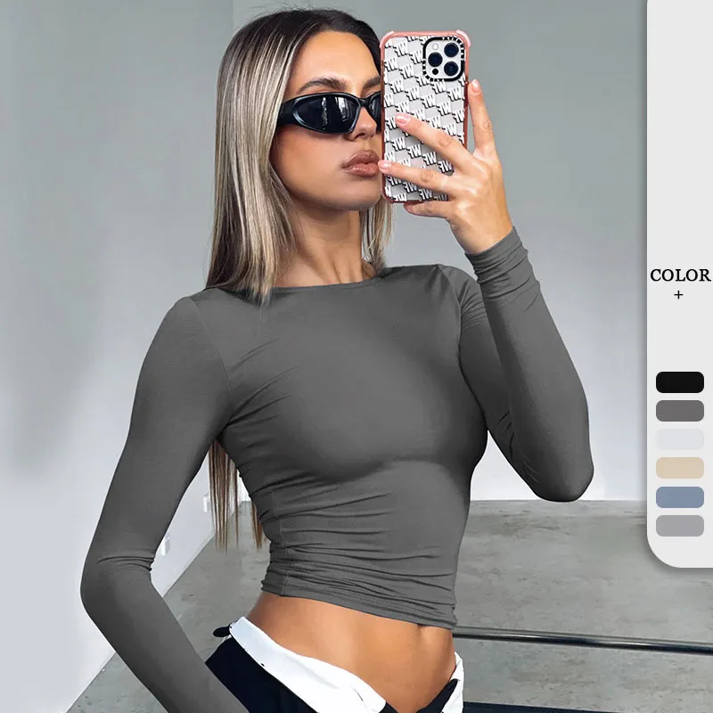 

Solid T Shirts Crop Tops Streetswear Y2K for Women Korean Fashion Winter Fall 2023 Clothing Casual Sweatshirts Pullovers