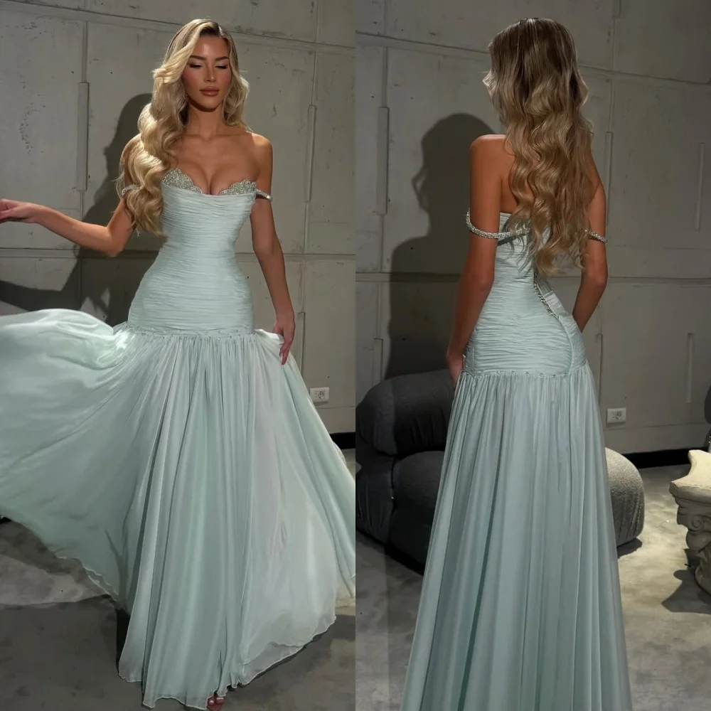 

Customized Sexy Retro Chiffon Pleat Ruched Draped Beading Sequined A-line Off-the-shoulder Long Dresses Bespoke Occasion Dresses
