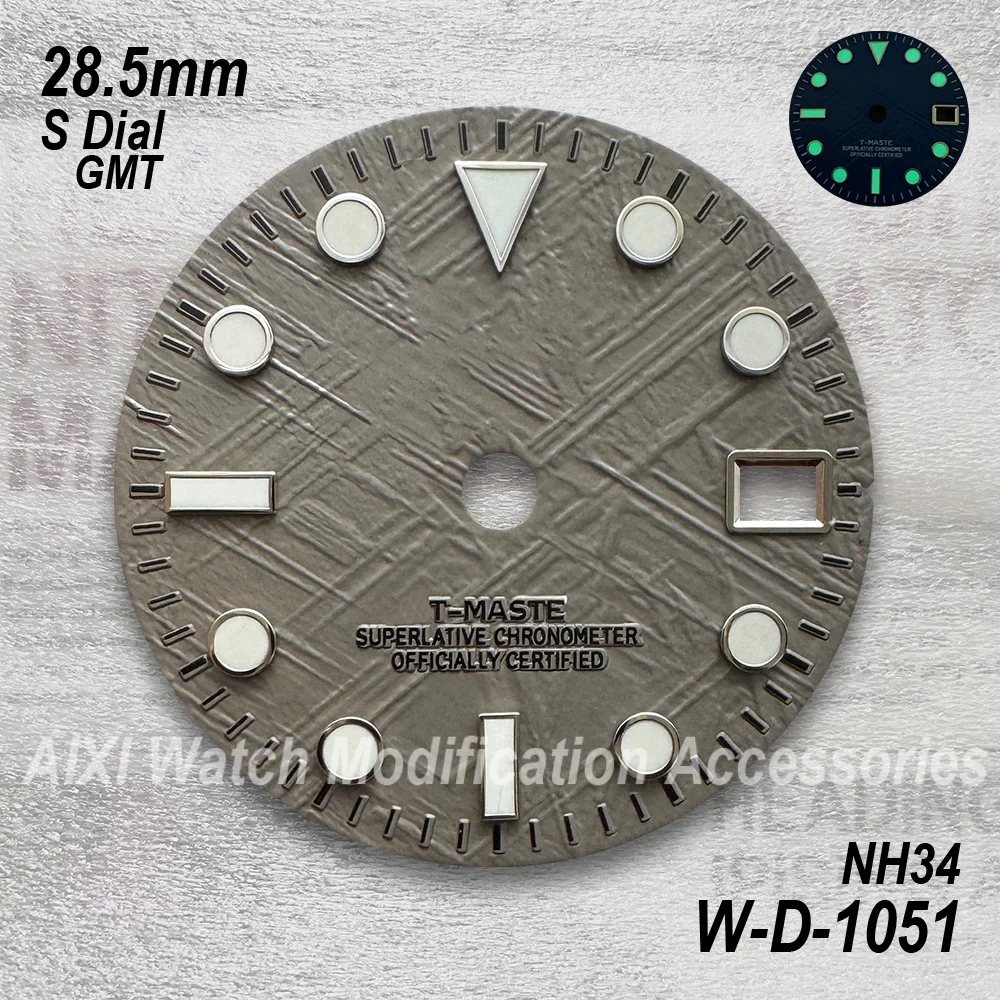 28.5mm S 로고 새로운 스타일 GMT 운석 다이얼 맞는 NH34 일본 운동 녹색 빛나는 시계 수정 액세서리