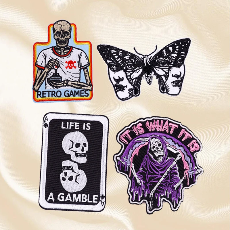 Borboleta ou copo Skull Patch Set, Patches de ferro para roupas, Patches termoadesivos em roupas, carta autocolante, punk, horror