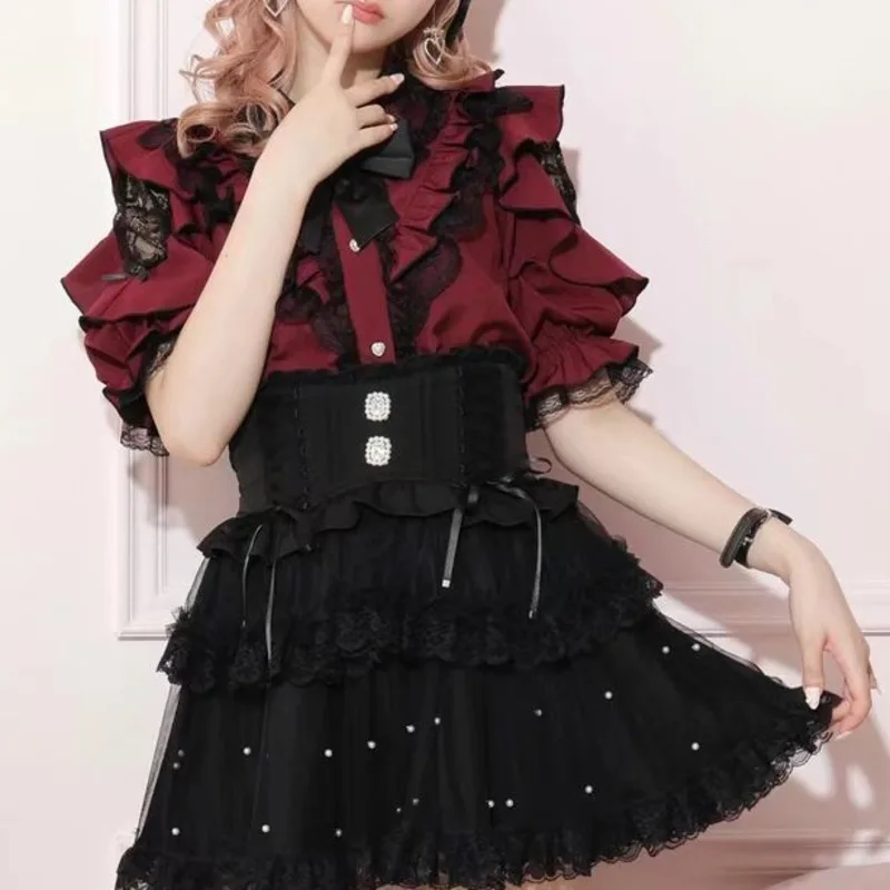 Landmine Tops&Tees Bow Y2K Lotus Leaf Edge Women Japanese Off Shoulder Lace Mid Buttoned Cardigan Sleeve Sweet Shirt Top Tee New