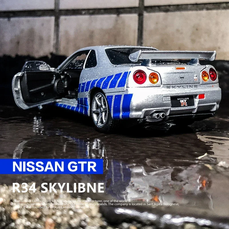 New 1:24 Nissan GTR R34 Skylin Fast & Furious Alloy Car Model Sound and Light Pull Back Childrens Toy Collectibles Birthday gift