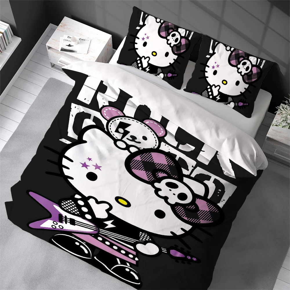 

K-KittyS Cute H-Hello Duvet Cover Set Home Style Bedding Soft Laundry Cotton Bed 3 Piece Set Student Dormitory Gift