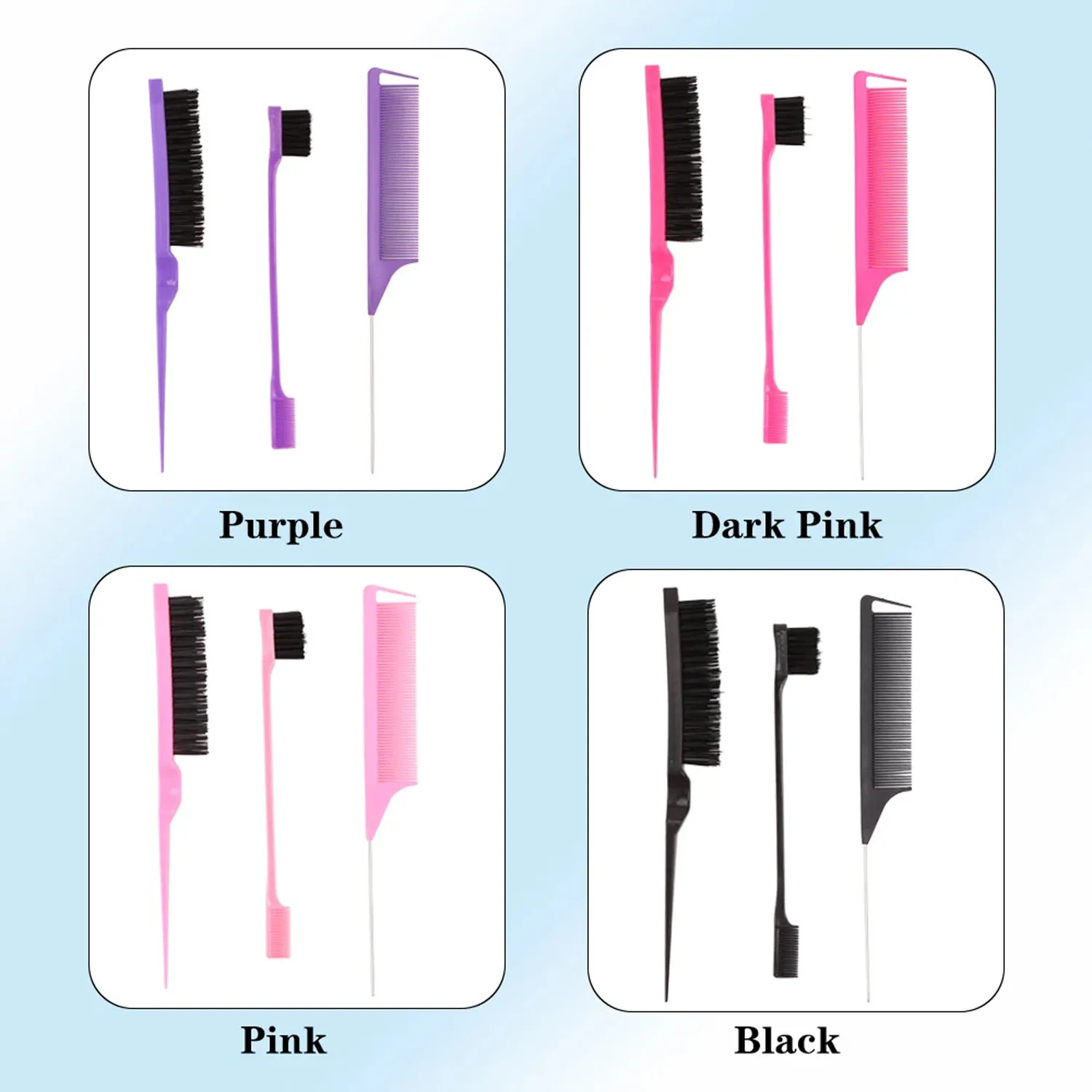 3Pcs Hair Styling Tools Edge Brush Rat Tail Comb Bristle Triple Row Styling Comb For Hair Styling Separating Combing & Coloring