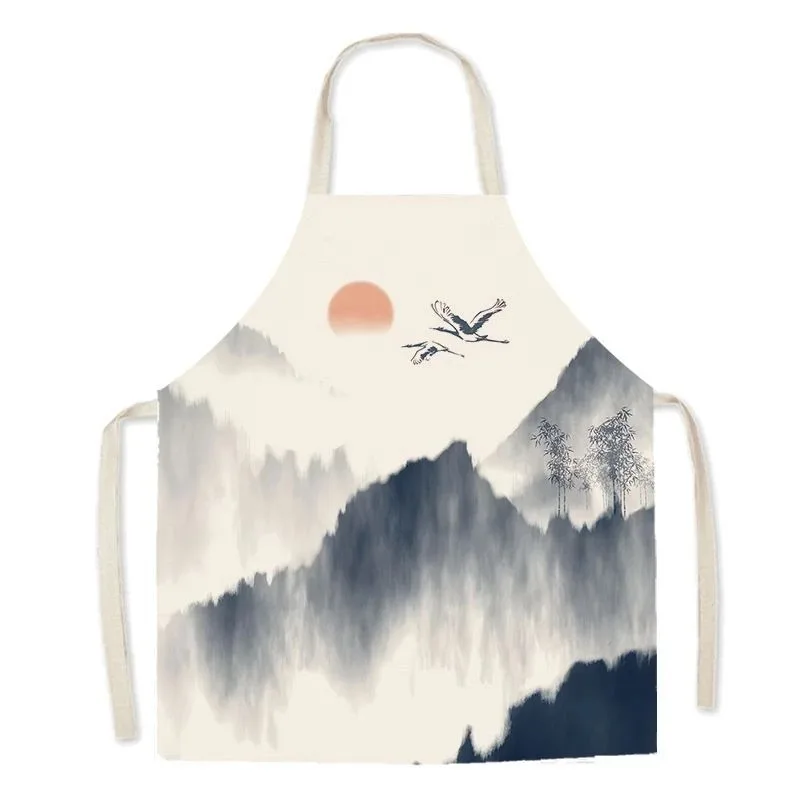 

Chinese Ink Landscape Painting Linen Apron Zen Mountain River Printed Bib For Women Men Home Kitchen Cooking Baking Tea House