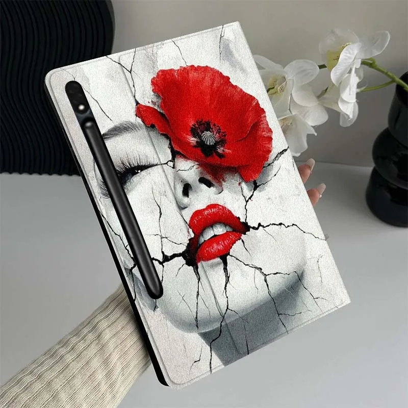 

Cracked Face Red Flower Gift Tablet Case For Samsung Galaxy Tab S7 S8 S9 S10 FE Lite