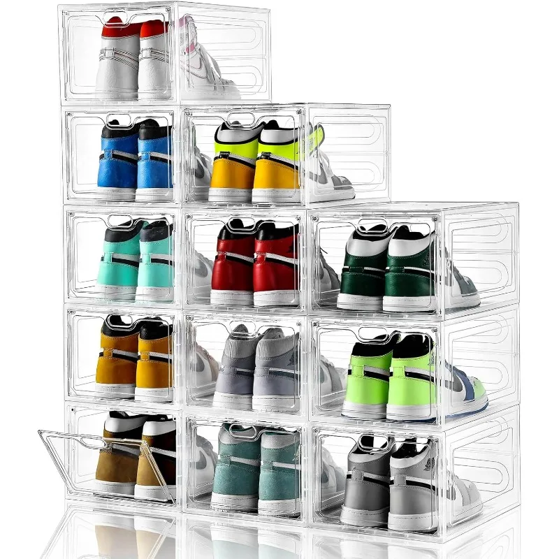 

12 Pack Shoe Storage Boxes, Stackable Clear Boxes With Doors, Organizer Containers For Sneakers - Fit US Men's/Women's Size