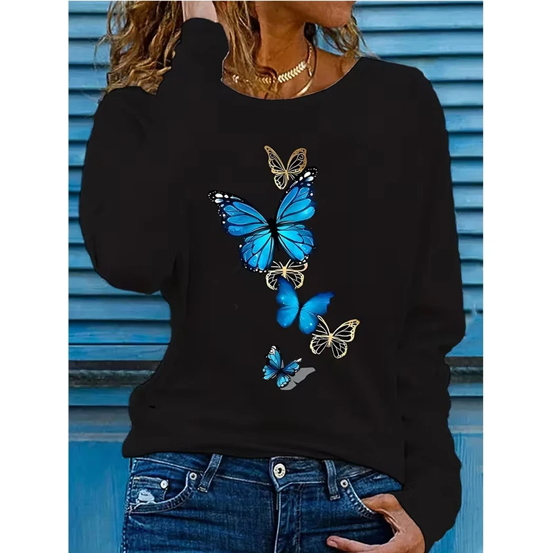 Camiseta elegante con estampado de mariposa para mujer, camiseta de manga larga con cuello redondo, ropa informal, camiseta gráfica, camisetas góticas para todas las estaciones