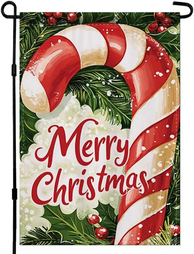 Christmas Candy Cane Garden Flag 12x18 Inch Winter Holly and Berries Design Outdoor Holiday Yard Banner Double Sided Winter  EEZ