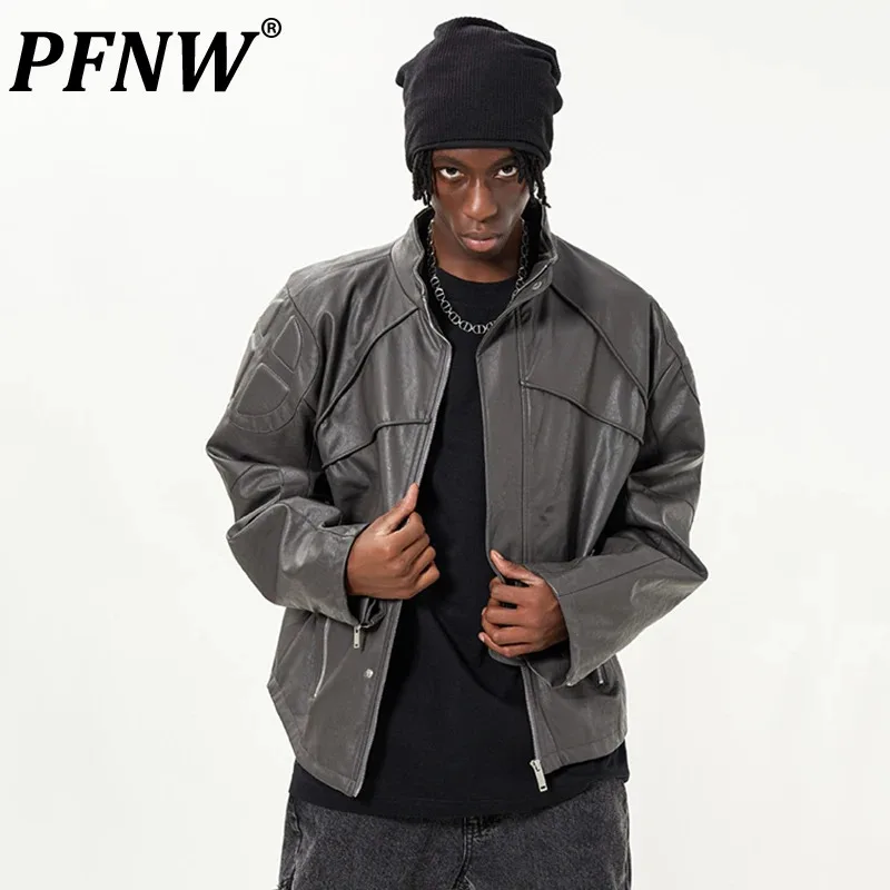 

PFNW American Design Men's Jackets Zipper Patchwork PU Leather Stand Collar Solid Color Male Coats Streetwear New Trend 12C580