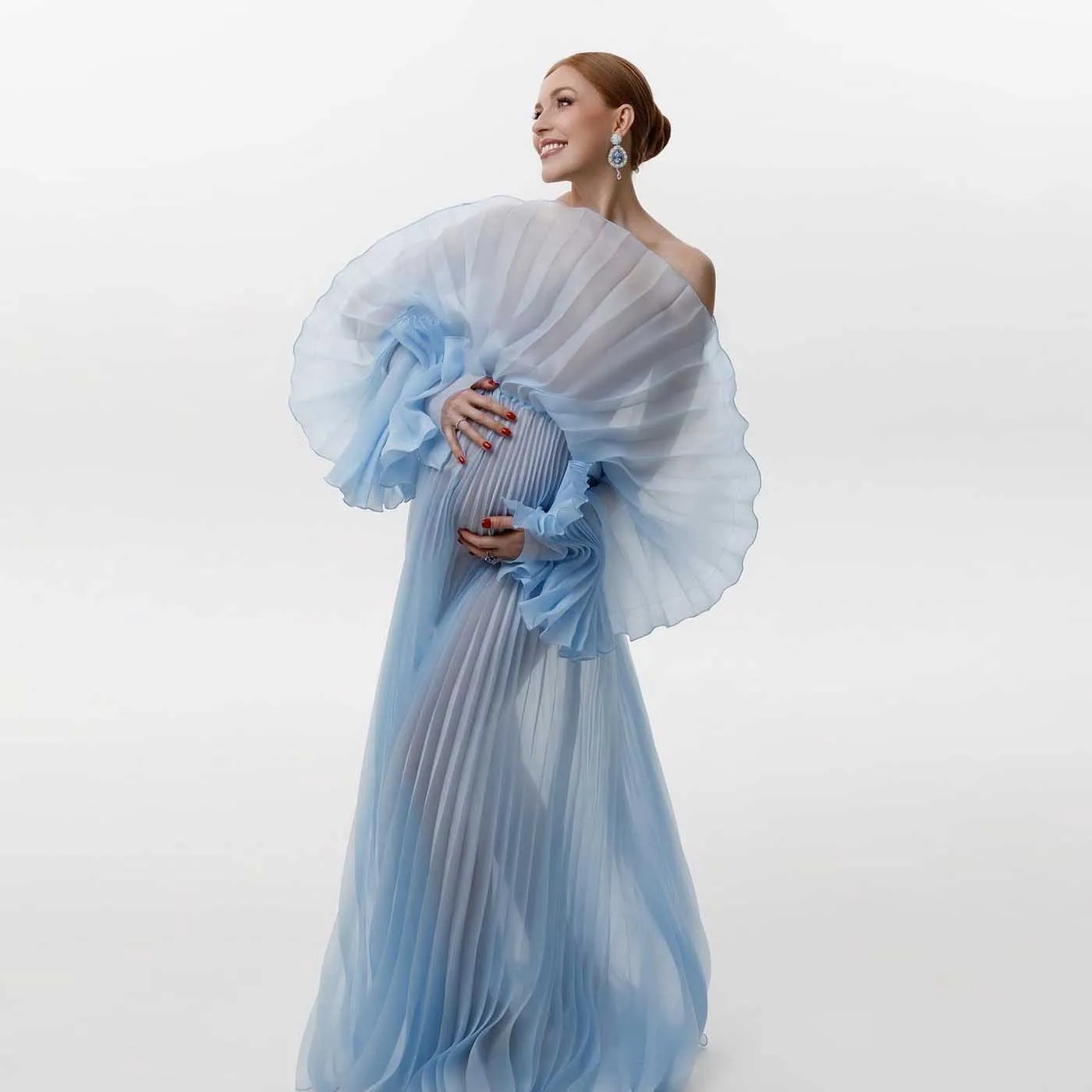 Elegant Blue Pleated Maternity Dresses for Photoshoot Puff Sleeves Sheer Organza Maternity Gown Photography Babyshower Dress