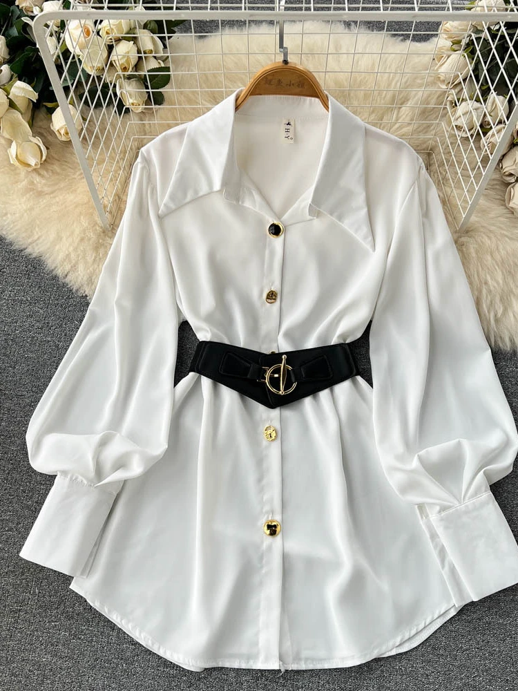 New Women French Shirtt Women Spring Autumn Elegant Long Sleeved White Blouse Female Slim Bandage Belt Casual Top X899