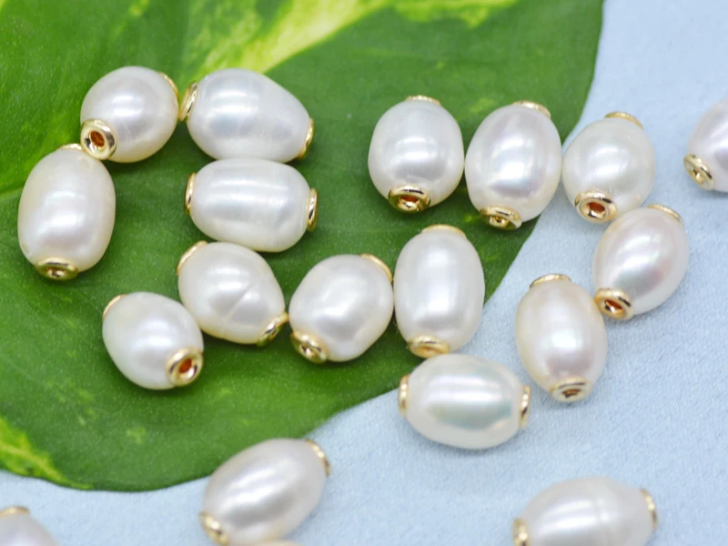 100PCS 9-10MM Natural rice pearl loose beads. never fade metal. 1.0MM hole