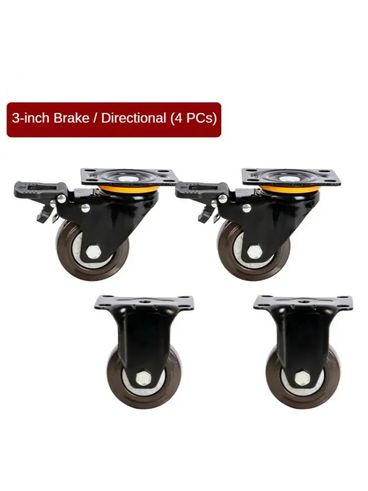 4 Pcs/Lot 3 Inch Wheel Heavy Duty Caster Universal Flat Rubber Trolley Silent Directional Brake