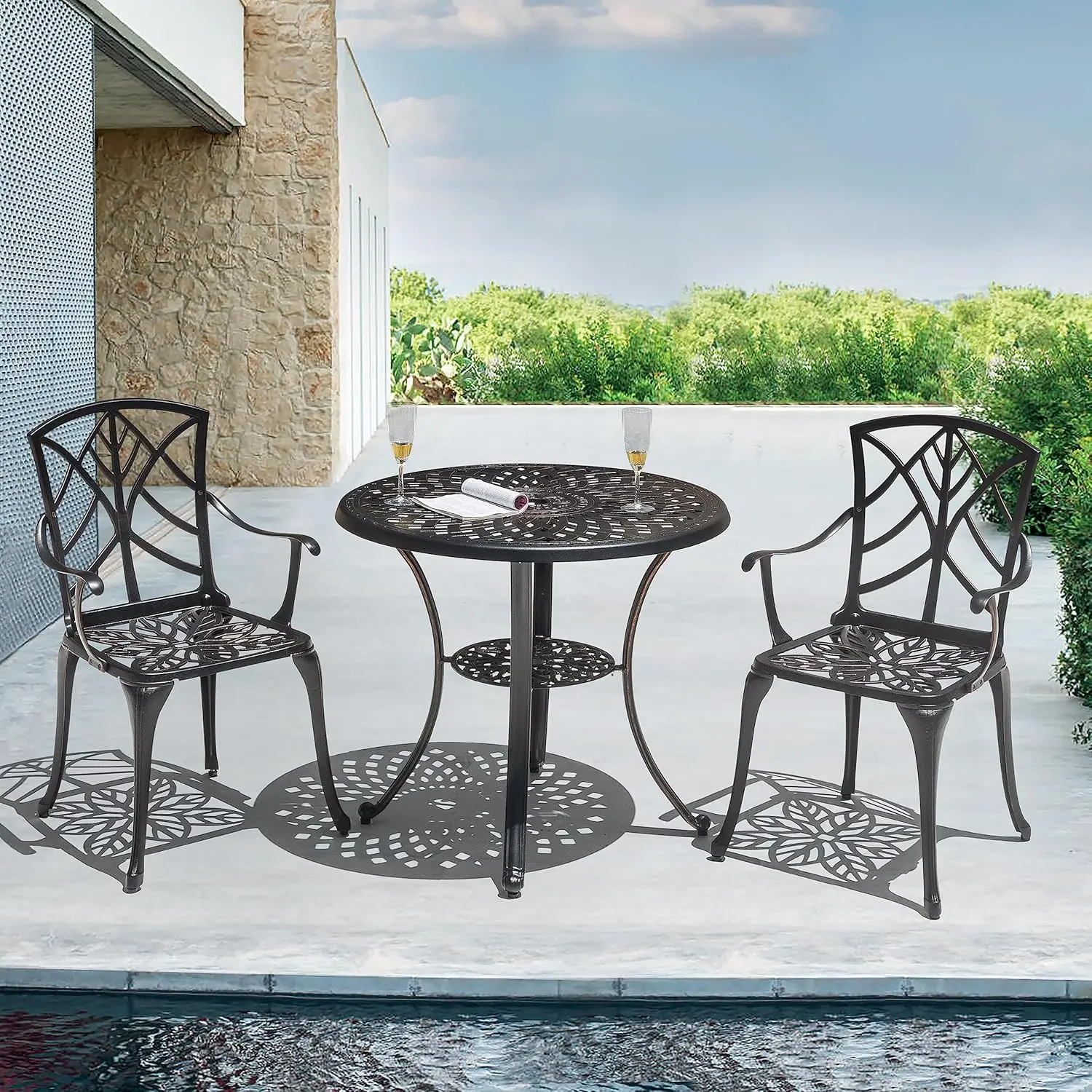 

3 Piece Outdoor Bistro Set Cast Aluminum Patio Set Bistro Table Set Rustproof Patio Table and Chairs with Umbrella Hole