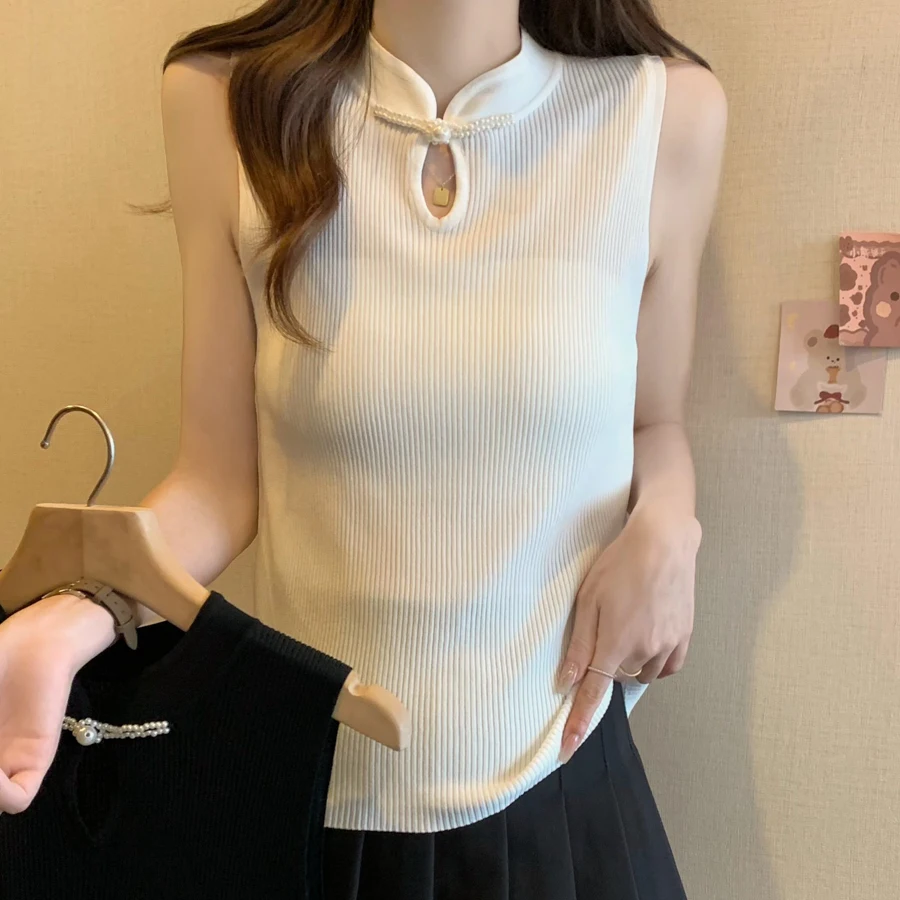 Sueter Feminino Nuovo maglione lavorato a maglia senza maniche Pullover da donna Colletto alla coreana bianco Perline Maglione lavorato a maglia Pullover Donna Top Q2460