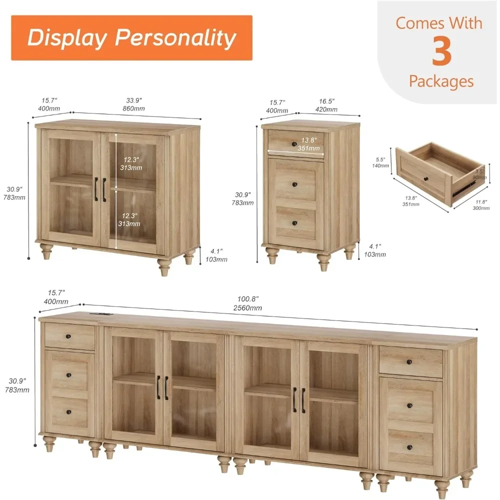 Sideboards with 4-Glass Door, Charging Station, Adjustable Shelf & 2 Drawers, Wood Coffee Bar Tables, Storage Sideboards