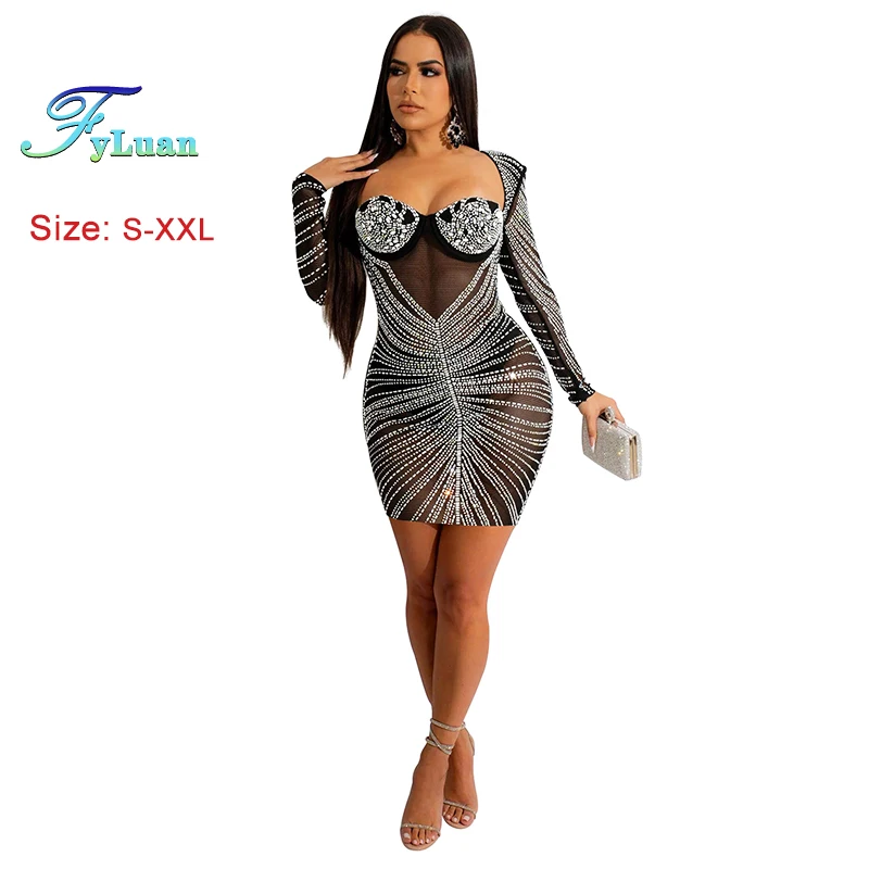 Long Sleeve Off Backless Long Jumpsuit Short Skirt Sheer Mesh Bead String Strapless Short Dress Sets Tight Fitting Women Outfit