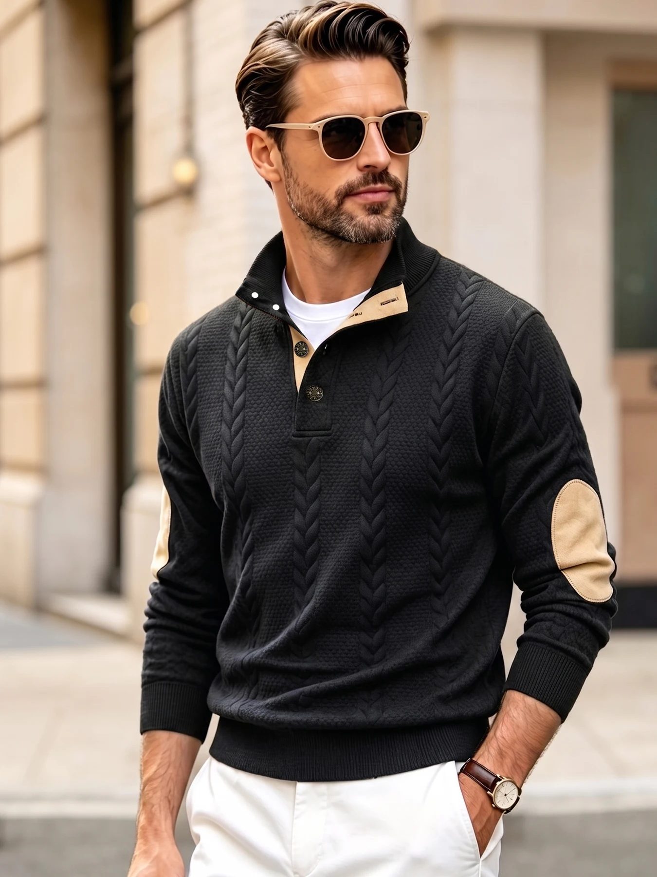 Spring And Autumn Men's Stand Collar Cable Knit Sweatshirt Basic Pullover Button Placket Elbow Patches Daily Wear