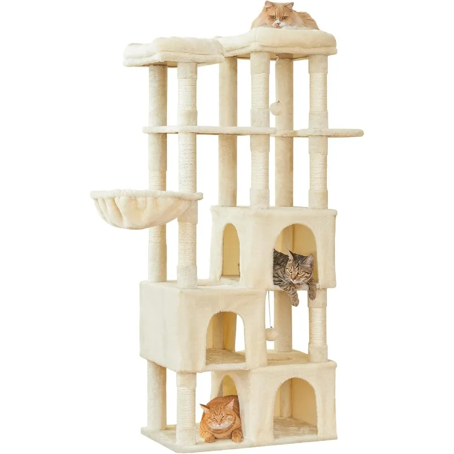 

63-дюймовое большое кошачье дерево для домашних кошек с 3 кошачьими лопастями, когтеточки, мягкие жердочки, гамак, свисающие игрушки, бежевый, идеальный мульт