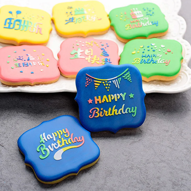 Fondant Cookie Spray Stencil Happy Birthday Cookie Embosser Template Baby Shower Party Frosting Dessert Hollow Decorating Tools