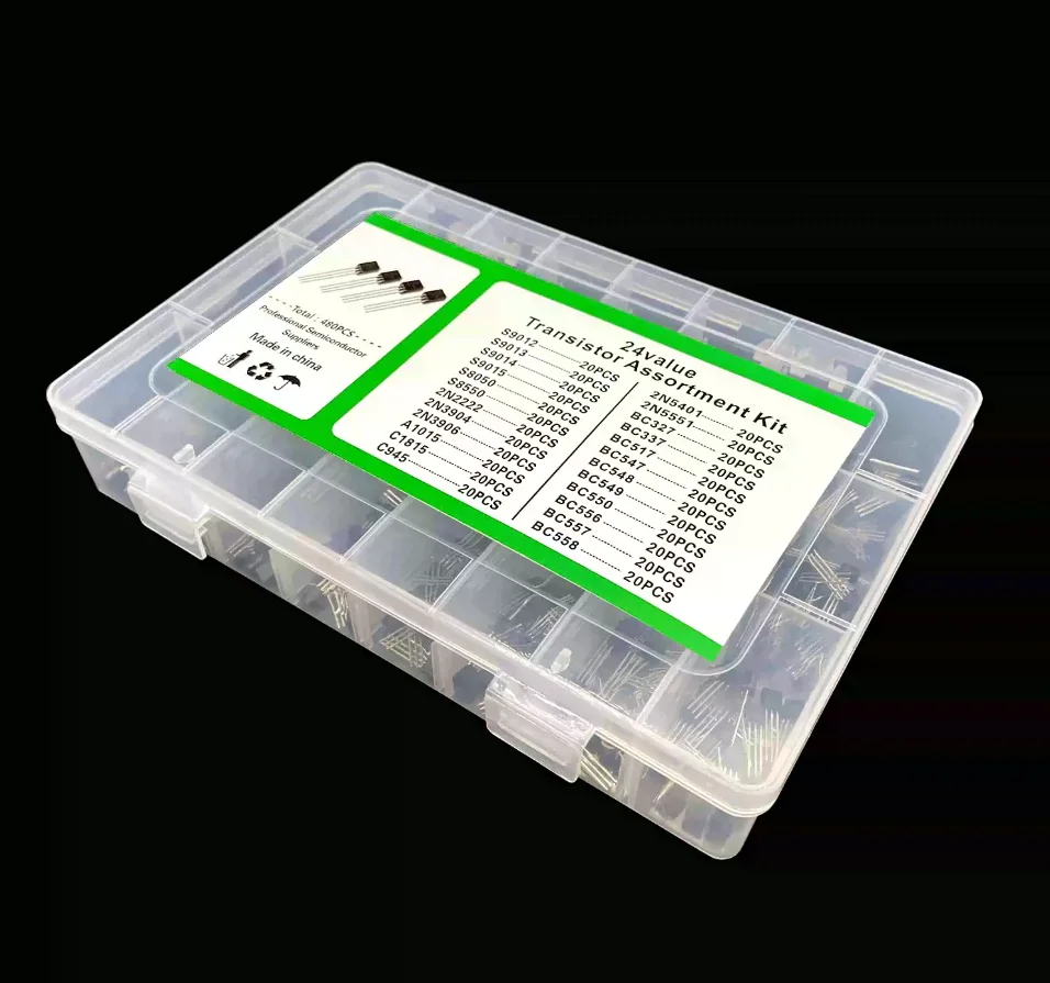 To-92 Transistor Kit (2N3904 3906 2222 5401 5551 S9012/13/14/15 A1015 C1815/945 BC558/557/556/550/327/337/  24valuesx20pc=480pcs