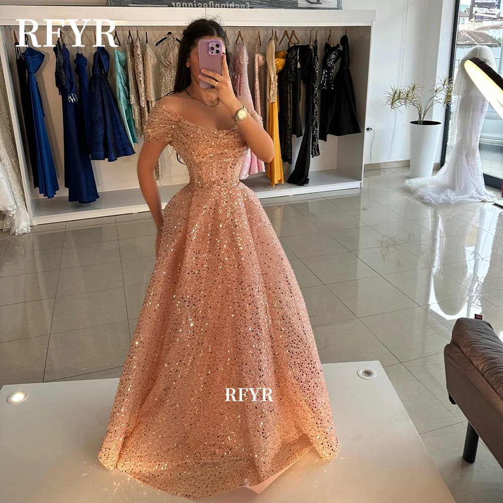 

RFYR Glitter Evening Dress Shiny Party Dress Off Shoulder Beading Party Dress for Women Luxury Celebrity Gowns Customized