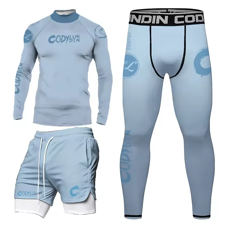 Gi BJJ Rashguard T-shirt+MMA Shorts Men Jiu Jitsu Boxing Rashguard Light Blue Tight Sportswear Active Leggings Boxing Clothing