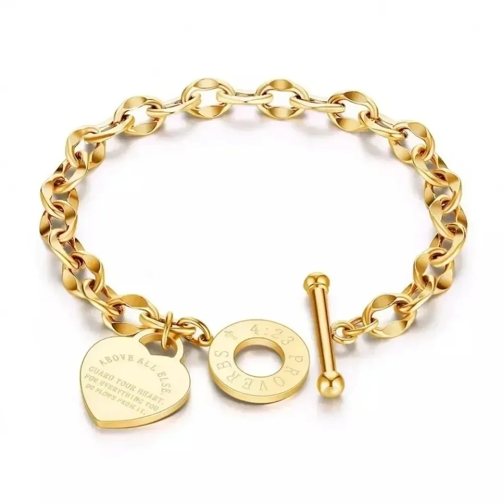

Stainless Steel Heart Charm Link Chain with Light Luxury OT Toggle Clasp – Elegant for Women Gril Fashion Bracelet Jewelry Gift