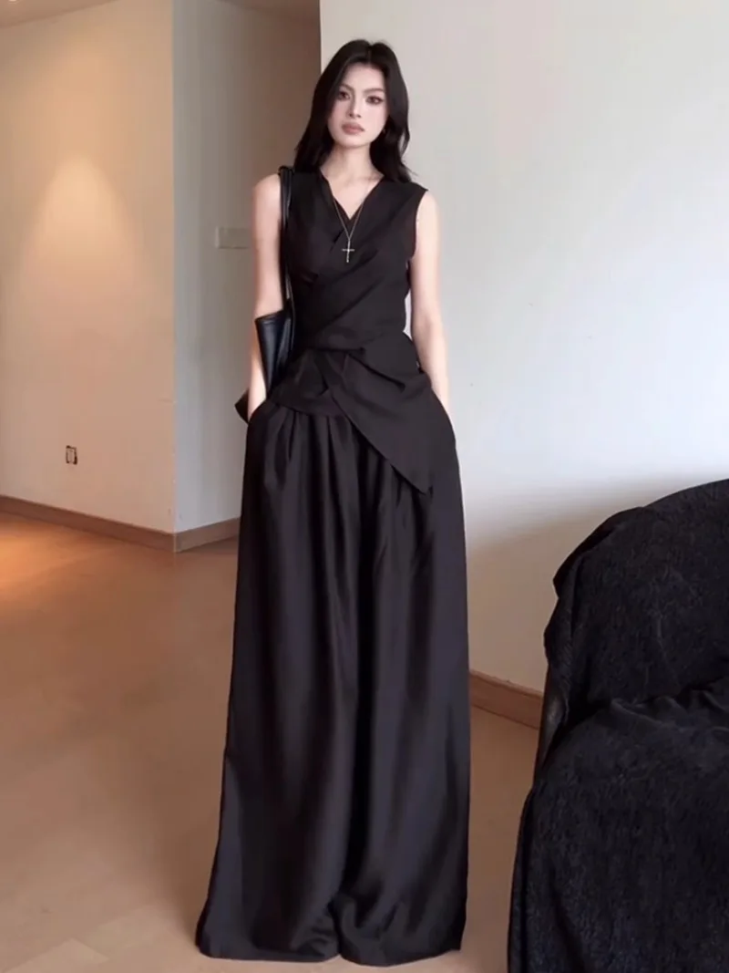 

Fashion Two-piece Sets for Women 2025 Summer Temperament Black Sleeveless Tops and Wide-leg Pants Suit Female Clothing