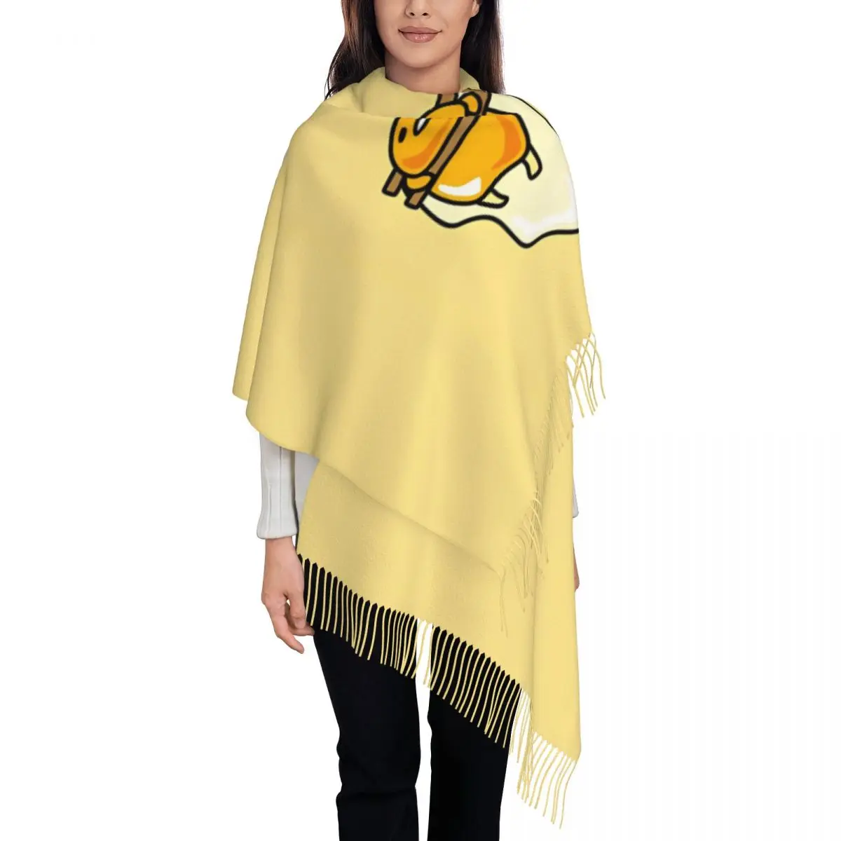 Gudetama Chopsticks Scarf for Womens Fall Winter Pashmina Shawl Wrap Long Scarves with Tassel for Ladies