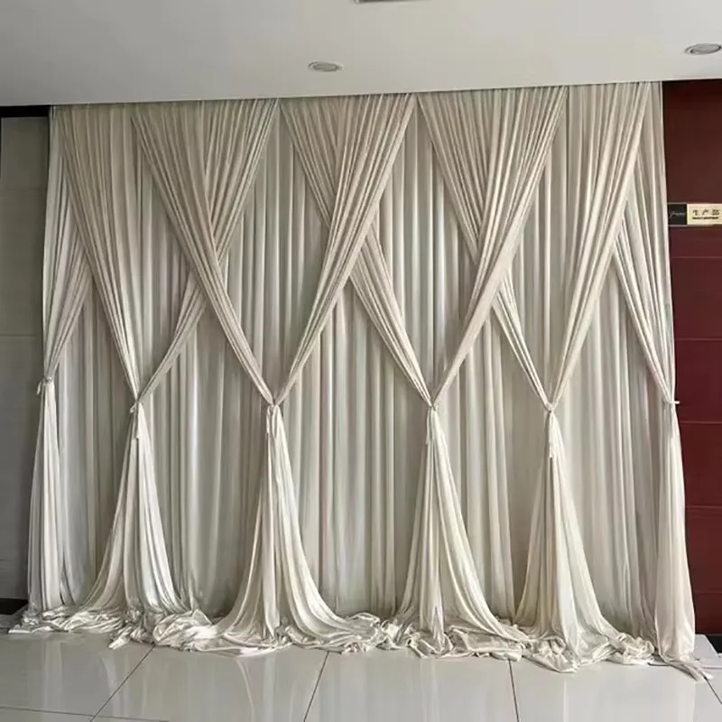 

Customs Fashion Beige Background With Nice Front Panels Swags Ice Silk Party Backdrop Decoration Color and Size Can Customized