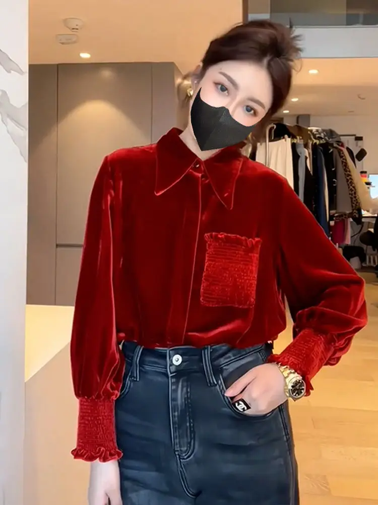 French and Western Style Unique and Exquisite Small Top Super Beautiful Red Velvet Shirt for Women in Autumn and Winter