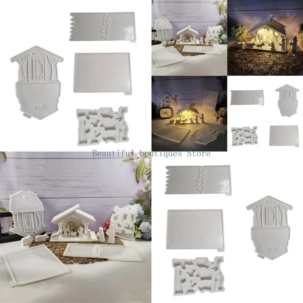 

U4LF Religious Themed Nativity House Ornament Mold Flexible Silicone Mold Home Decoration Gypsum Mould Jewelry Making Tool