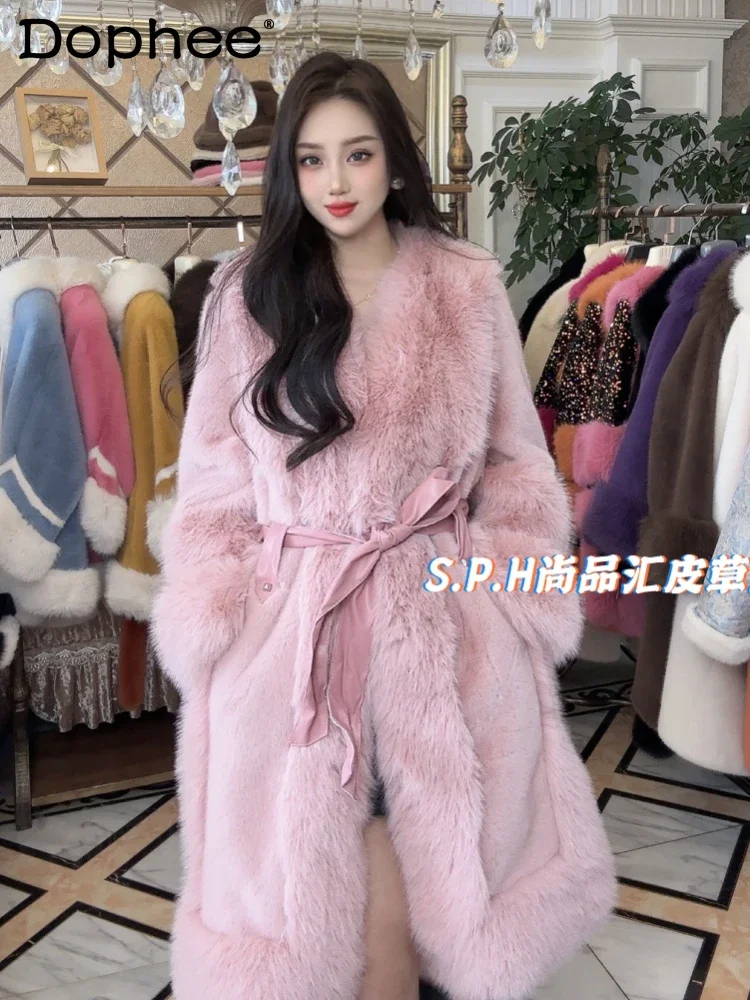 Women's Long Waist-Slimming Belt Elegant Fur Coat 2023 Winter New Thicken Warm Mink Fox Fur Long Sleeve Fur Coat Female