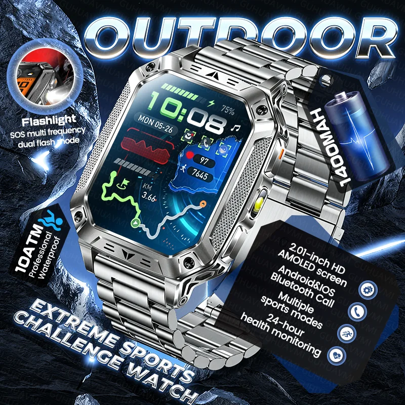 

Outdoor Extreme Sports Men 1400mAh Battery Smart Watch GPS SOS Flashlight Bluetooth Call 10ATM Waterproof AMOLED HD Smartwatches